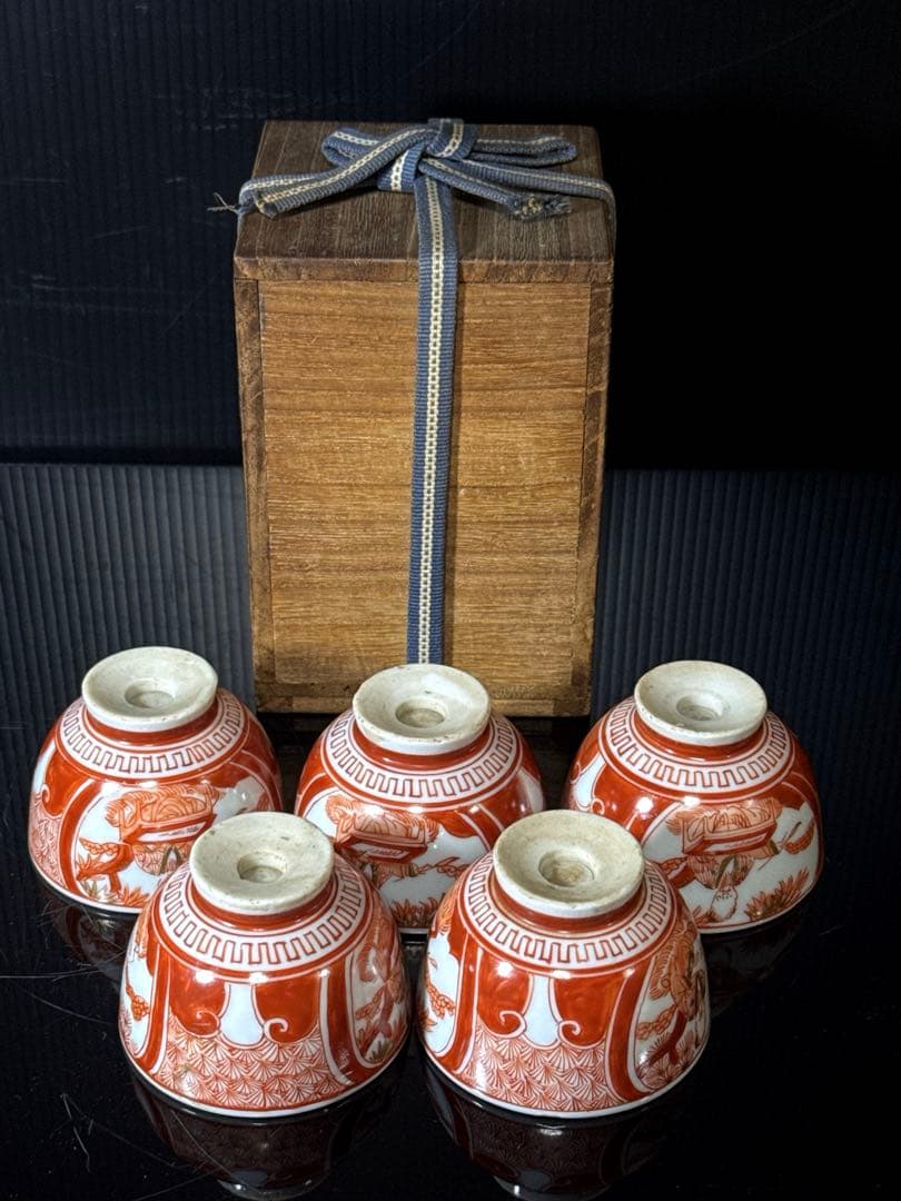 江戸期 湖東焼 赤絵金蘭手 窓絵人物図 煎茶碗 5客茶道具 井伊家 彦根藩