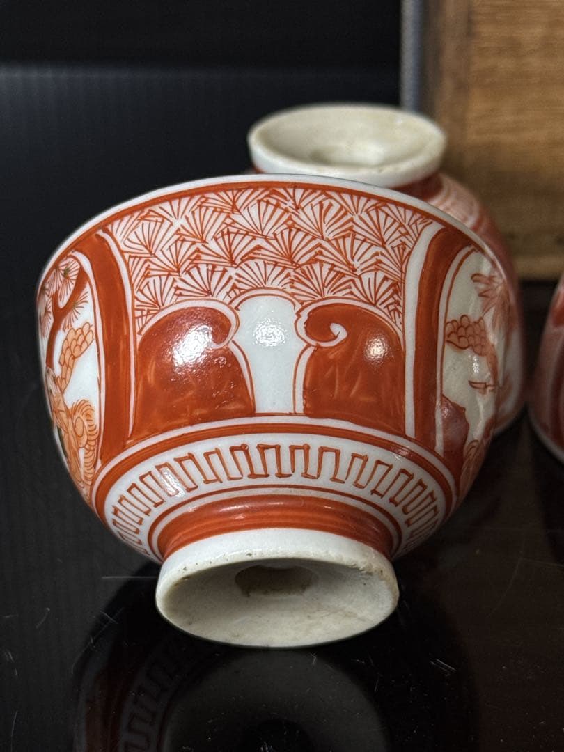 江戸期 湖東焼 赤絵金蘭手 窓絵人物図 煎茶碗 5客茶道具 井伊家 彦根藩