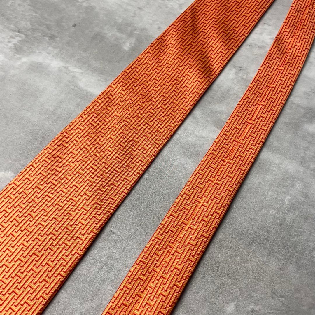 美品 HERMES エルメス H柄 総ロゴ ネクタイ オレンジ