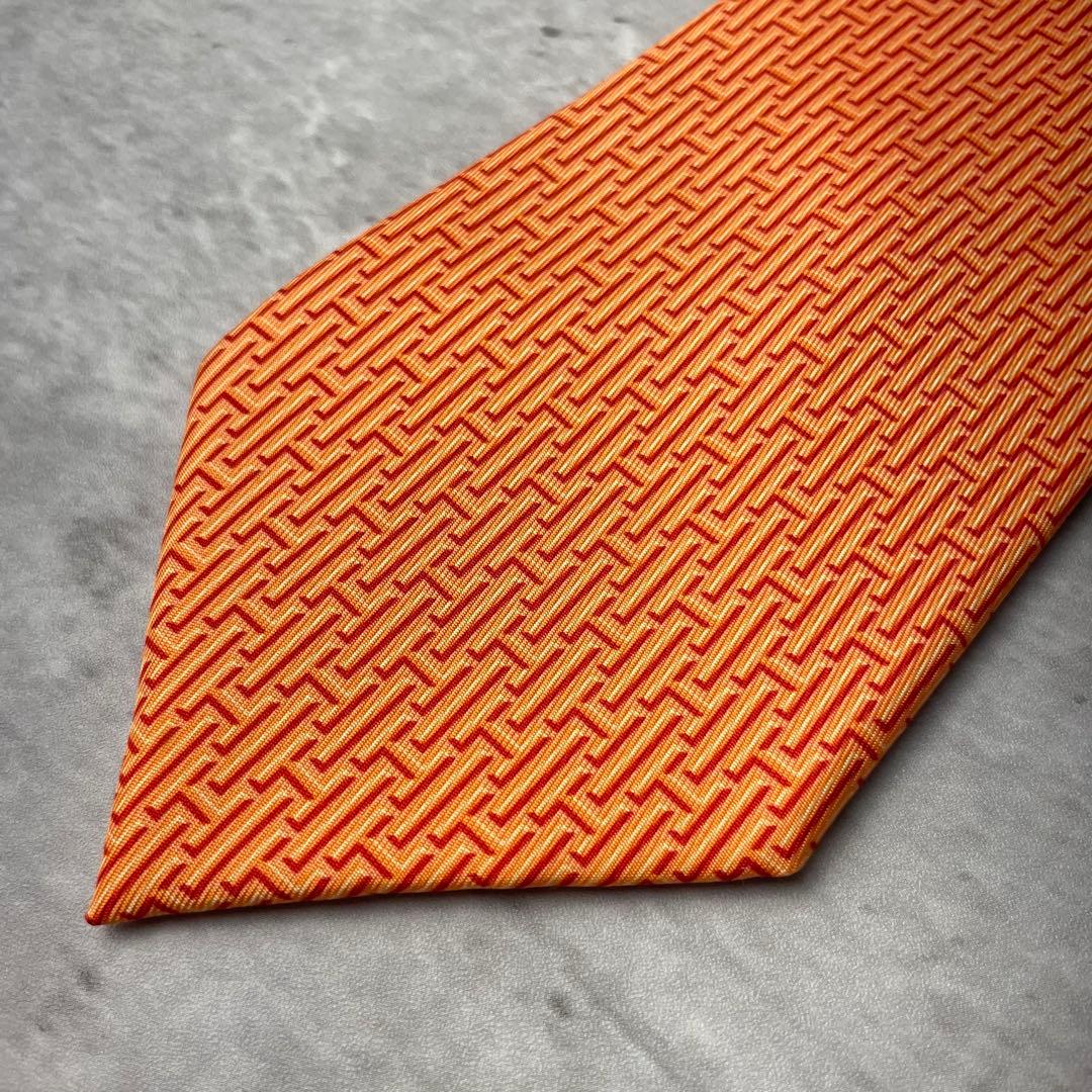 美品 HERMES エルメス H柄 総ロゴ ネクタイ オレンジ