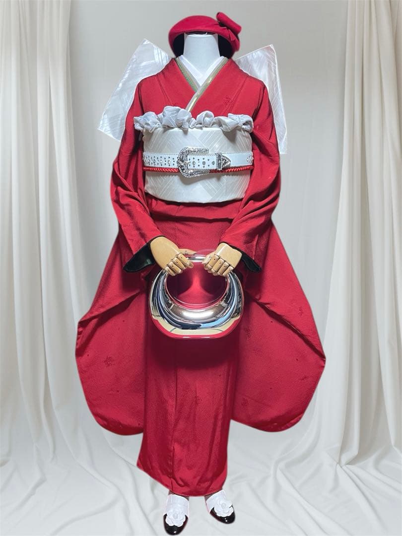 ファーショール付き 振袖 フルセット 山本寛斎 赤 白 無地