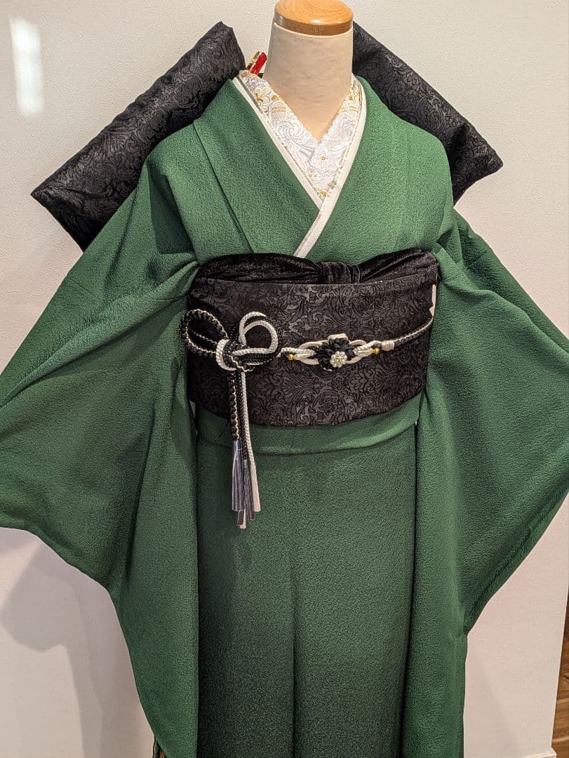 振袖フルセット 身丈165裄69.5 色無地 緑 三つ紋 逸品