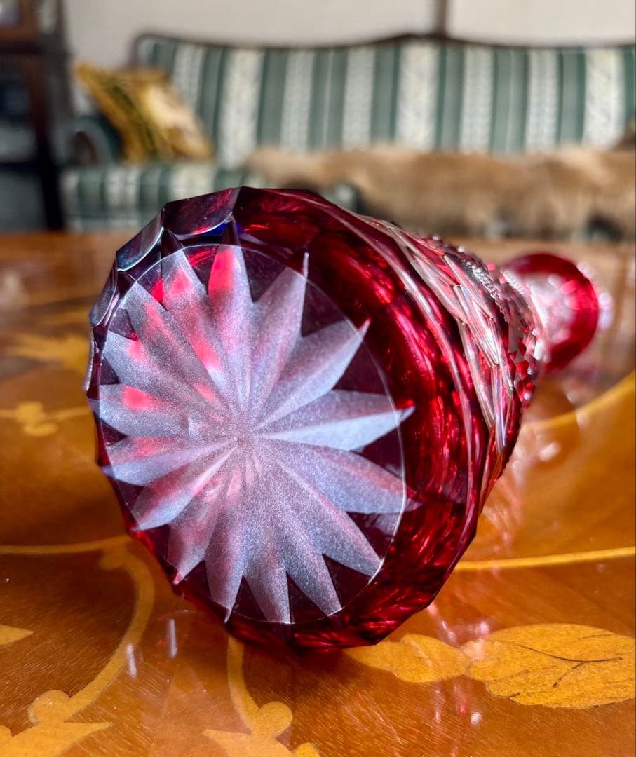 kuu55】島津薩摩切子　金赤デキャンタと冷酒グラスセット