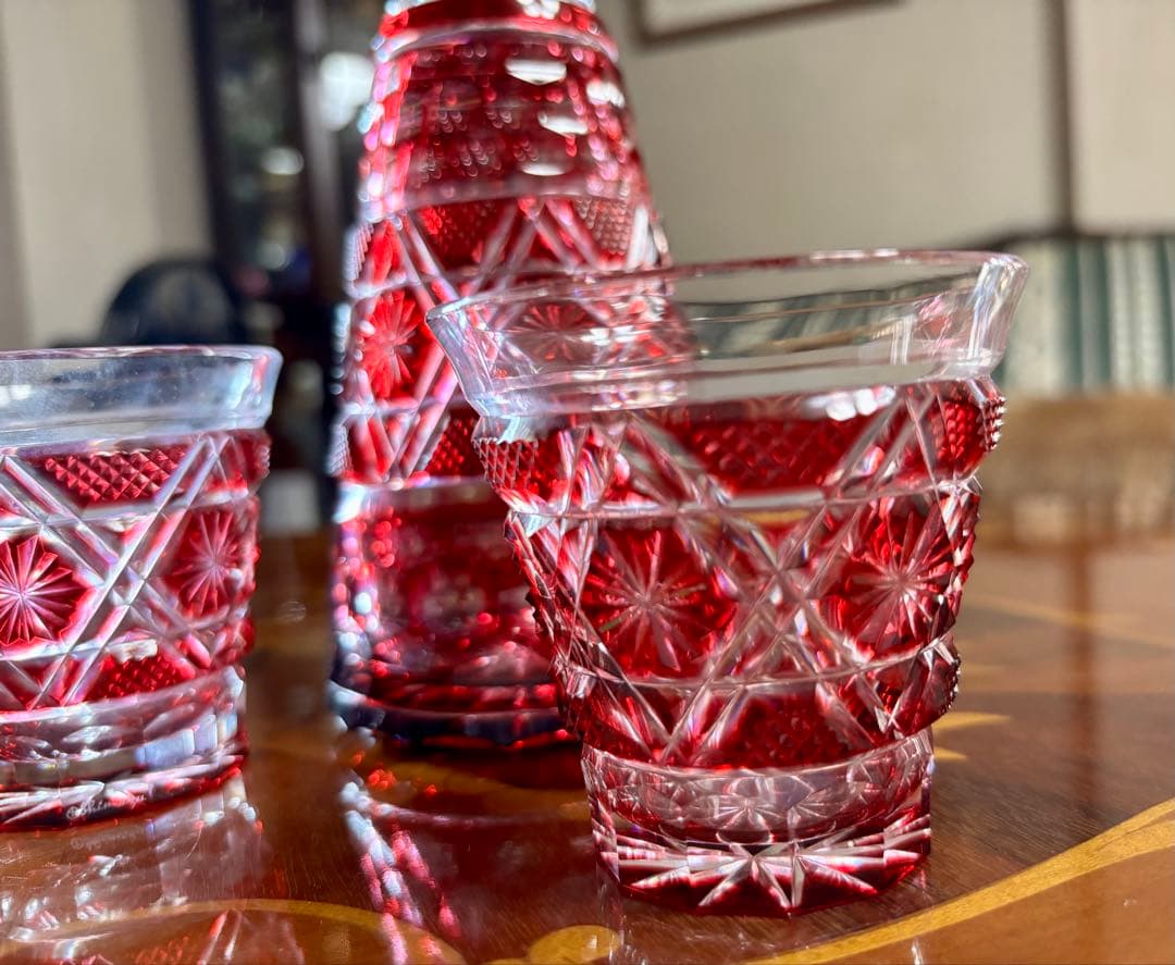 kuu55】島津薩摩切子　金赤デキャンタと冷酒グラスセット