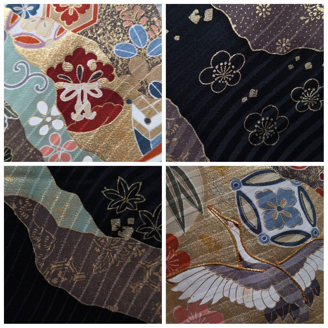 B◆着物くつろぎ 吉祥文様 金彩 金駒刺繍 黒 袷 正絹 中振袖 着物