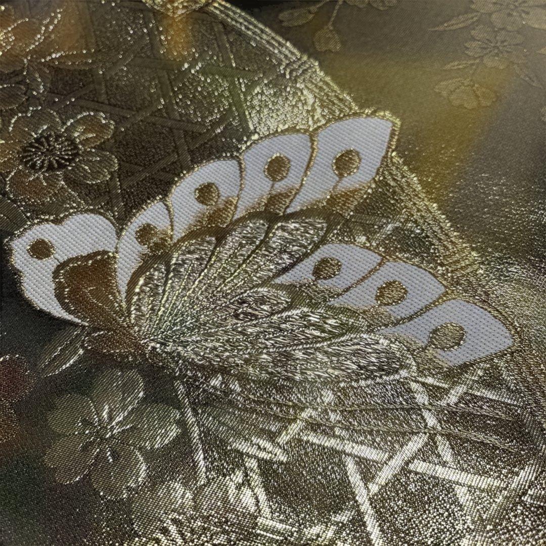 【専用】振袖用袋帯 ダークブラウン地にゴールドの蝶々 枝垂れ桜 目籠紋様