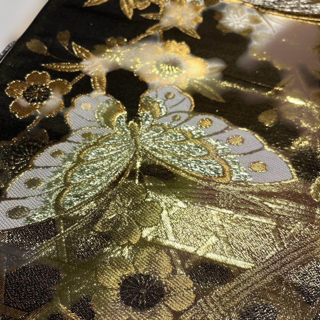 【専用】振袖用袋帯 ダークブラウン地にゴールドの蝶々 枝垂れ桜 目籠紋様