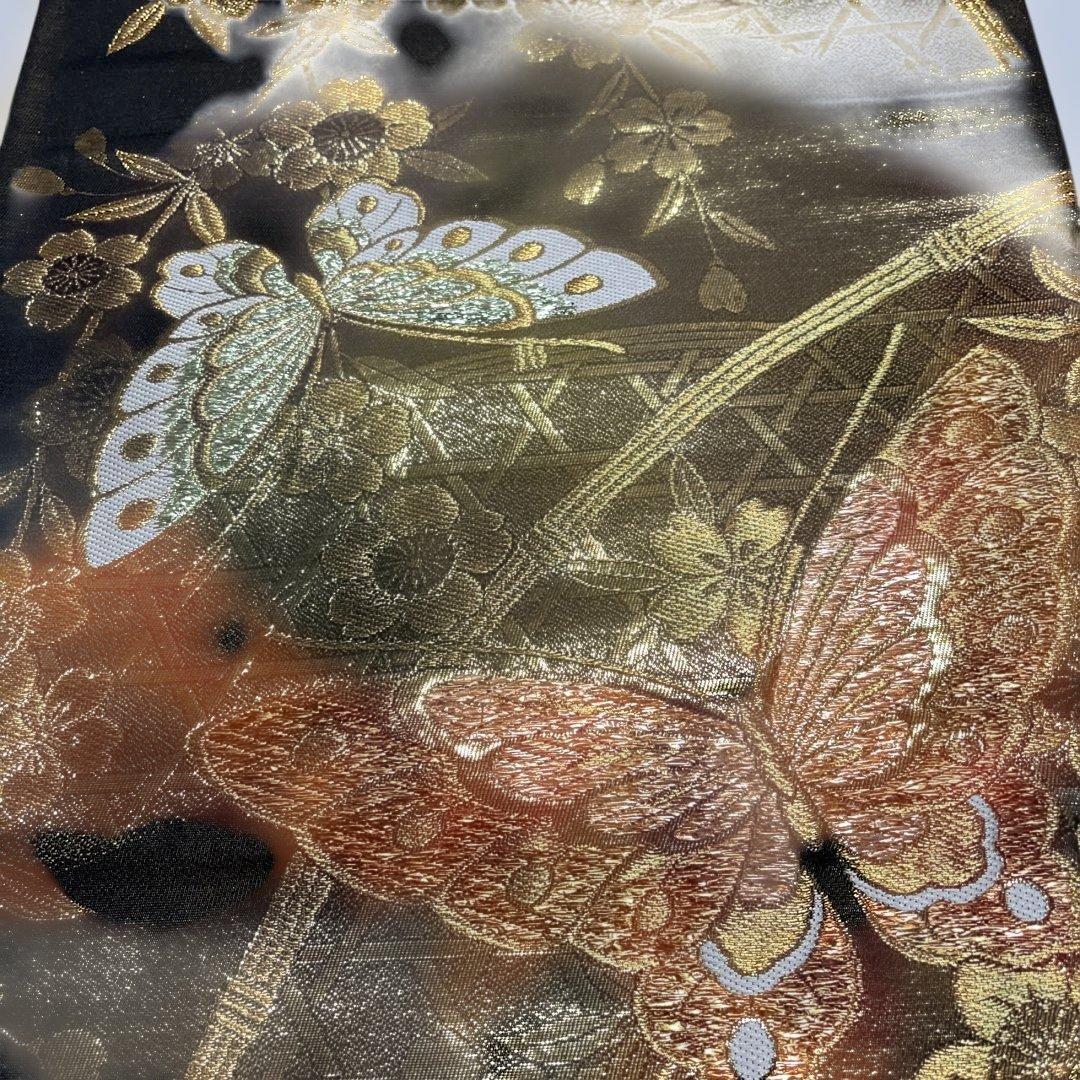 【専用】振袖用袋帯 ダークブラウン地にゴールドの蝶々 枝垂れ桜 目籠紋様