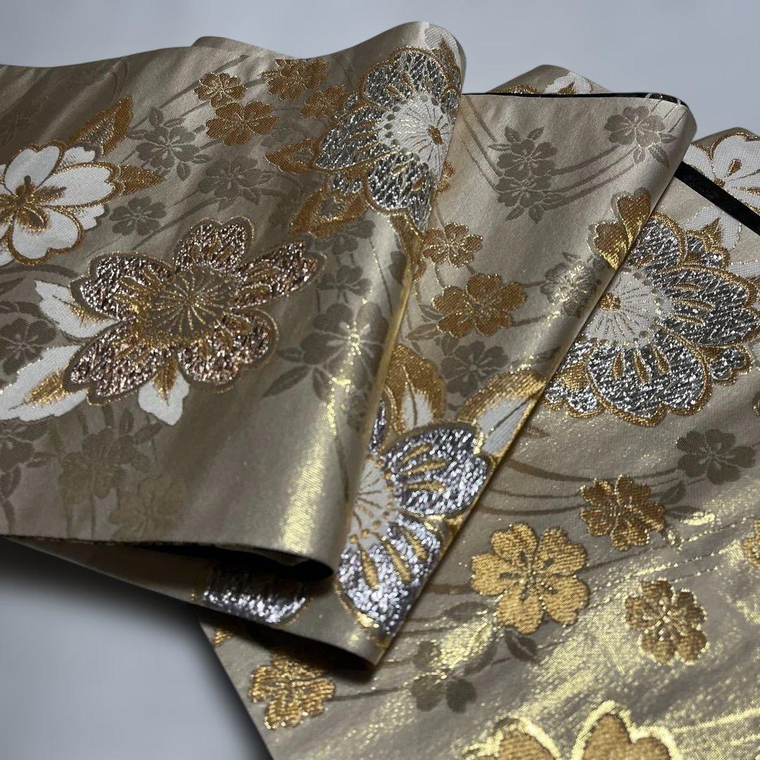 【専用】振袖用袋帯 ダークブラウン地にゴールドの蝶々 枝垂れ桜 目籠紋様