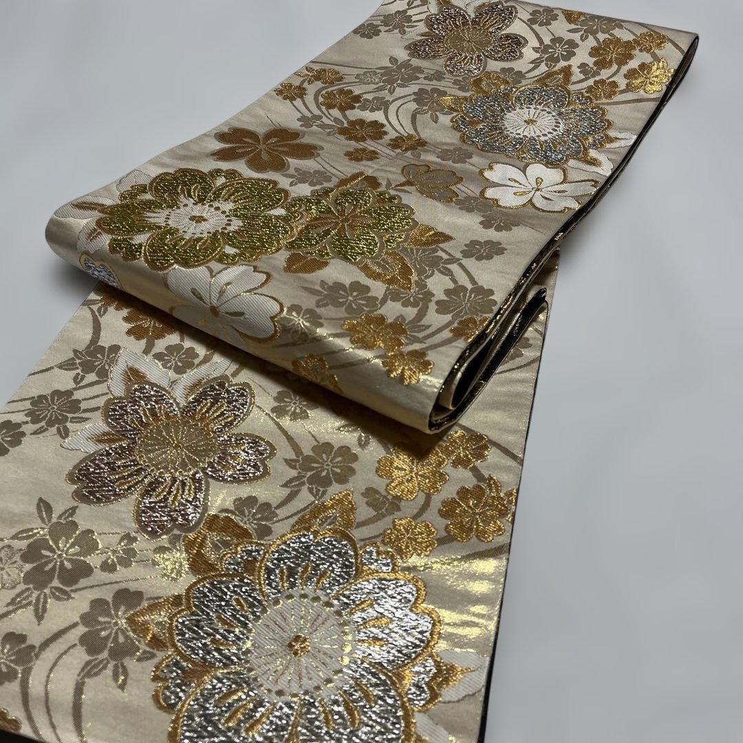 【専用】振袖用袋帯 ダークブラウン地にゴールドの蝶々 枝垂れ桜 目籠紋様
