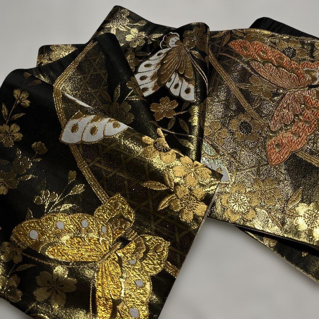 【専用】振袖用袋帯 ダークブラウン地にゴールドの蝶々 枝垂れ桜 目籠紋様