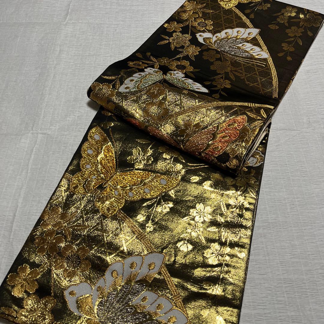 【専用】振袖用袋帯 ダークブラウン地にゴールドの蝶々 枝垂れ桜 目籠紋様