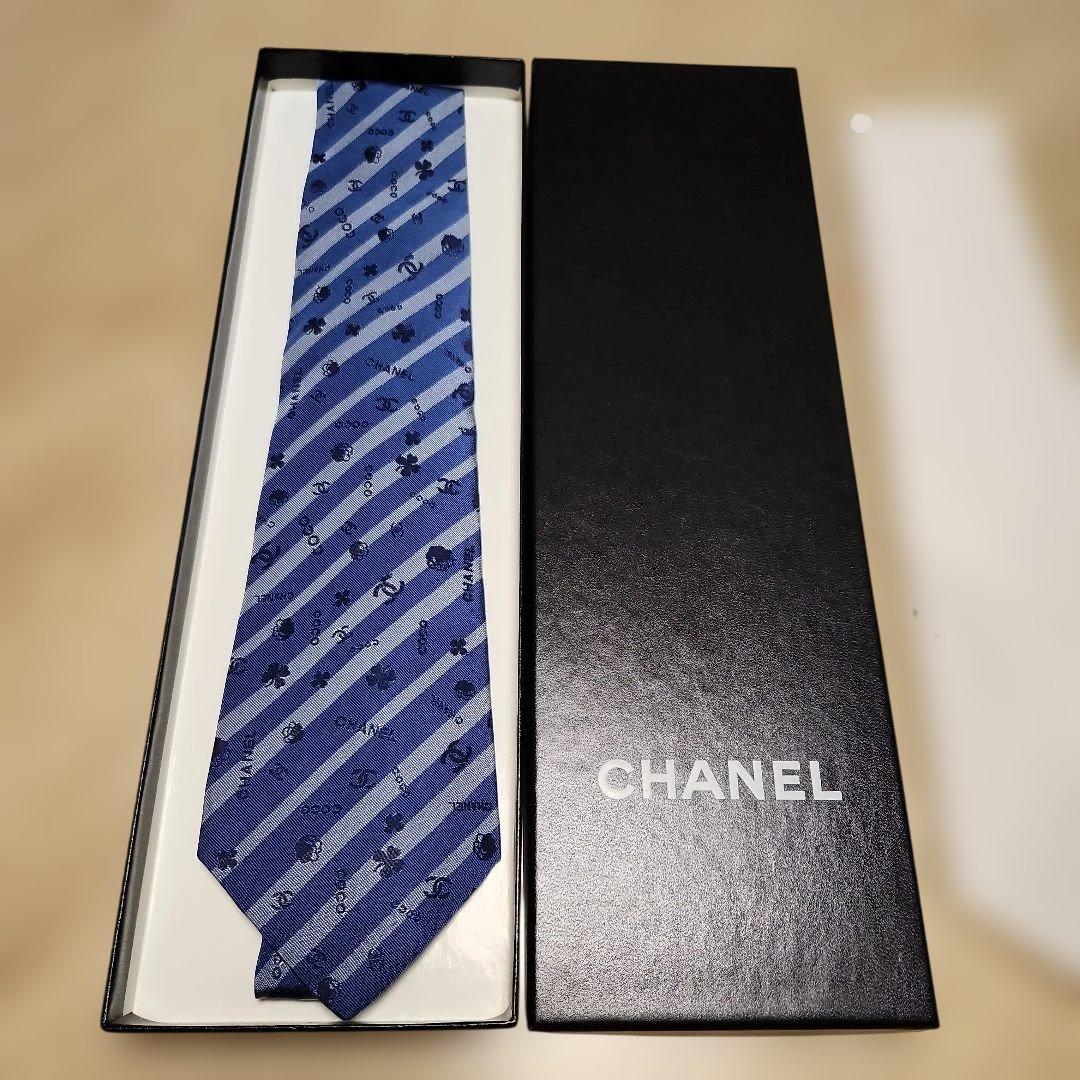 CHANEL 青 ストライプ ネクタイ 箱付き