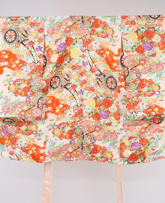 七五三＊女の子　着物単品 三歳 子供 花車模様 白地 正絹 お祝着＊8RS3