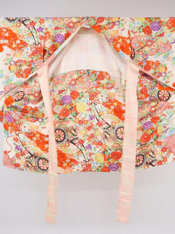 七五三＊女の子　着物単品 三歳 子供 花車模様 白地 正絹 お祝着＊8RS3