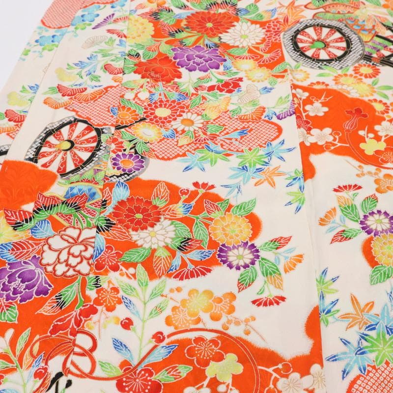 七五三＊女の子　着物単品 三歳 子供 花車模様 白地 正絹 お祝着＊8RS3