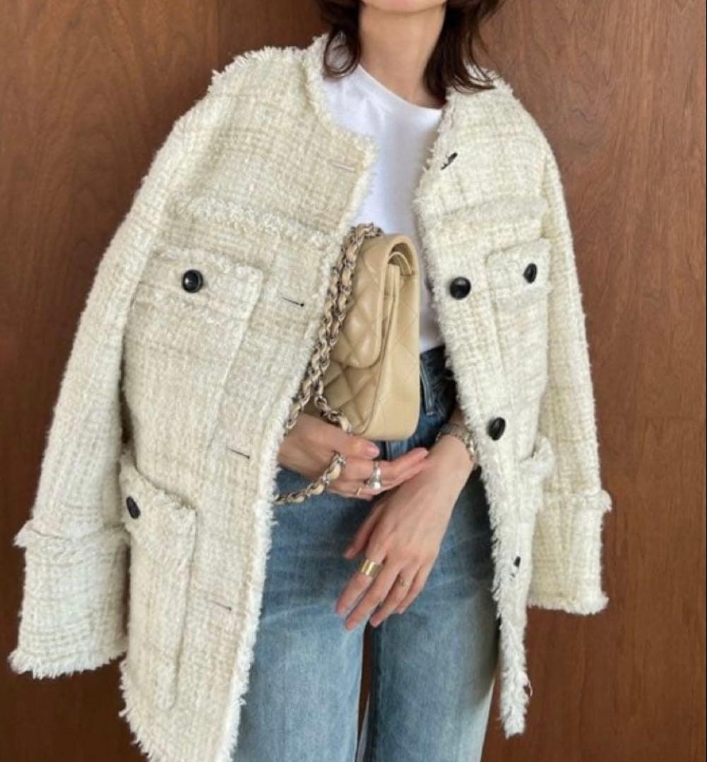 【CLANE】ノーカラーツイードジャケット / WHITE /1