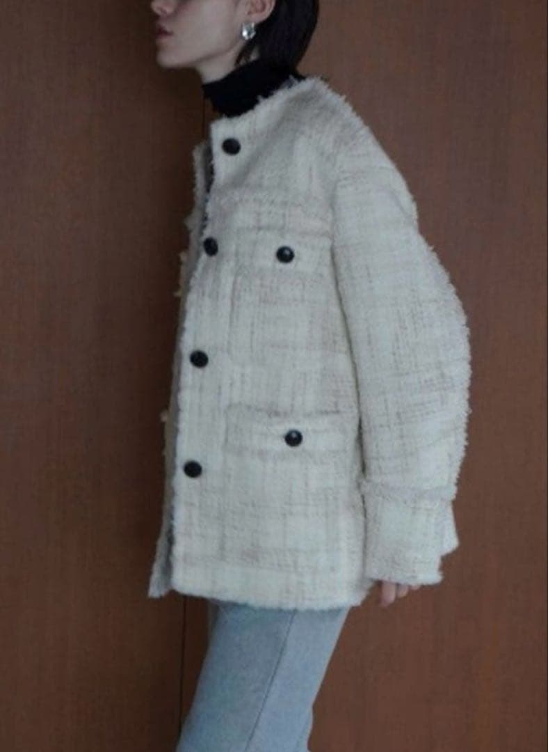 【CLANE】ノーカラーツイードジャケット / WHITE /1