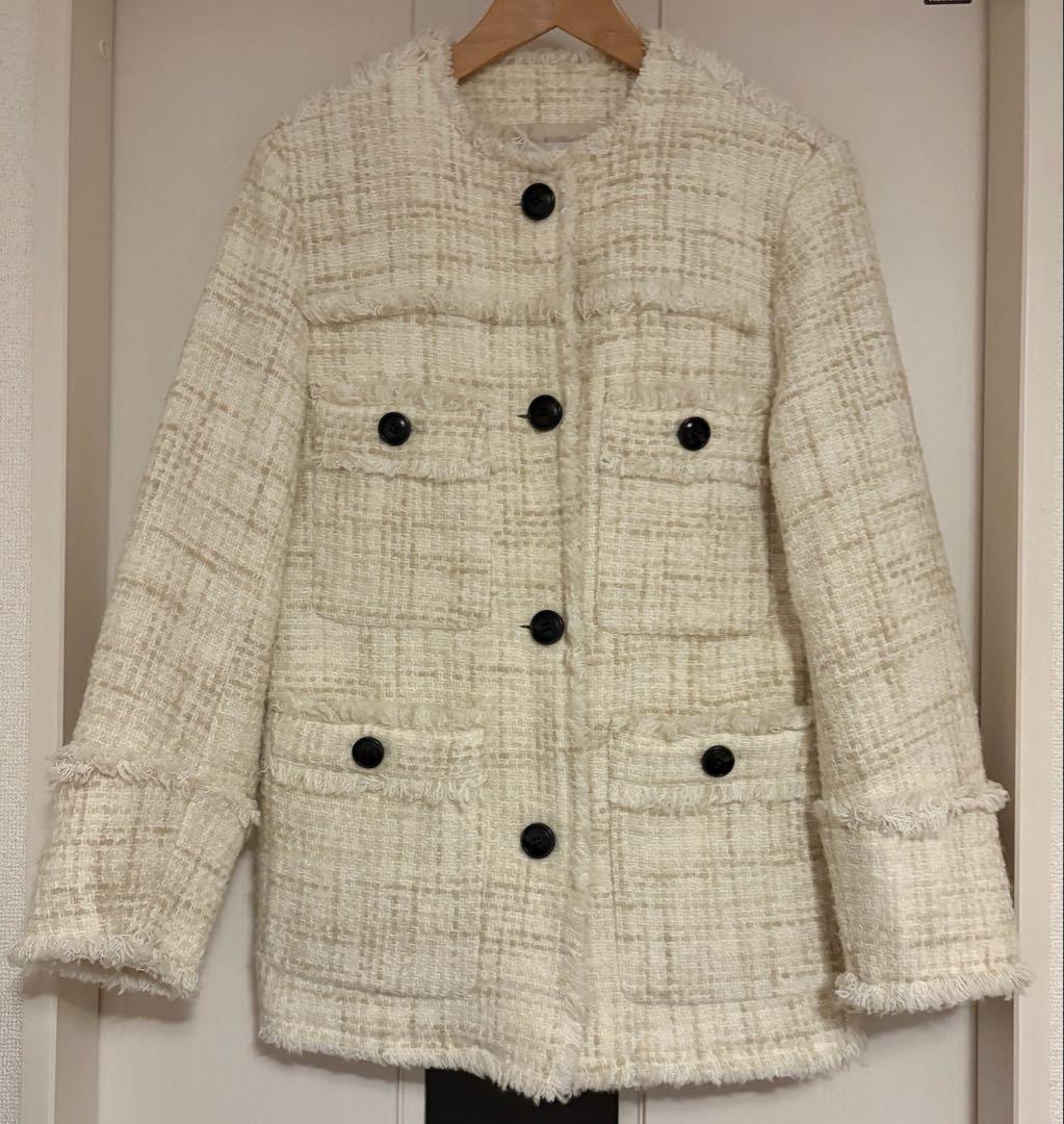 【CLANE】ノーカラーツイードジャケット / WHITE /1