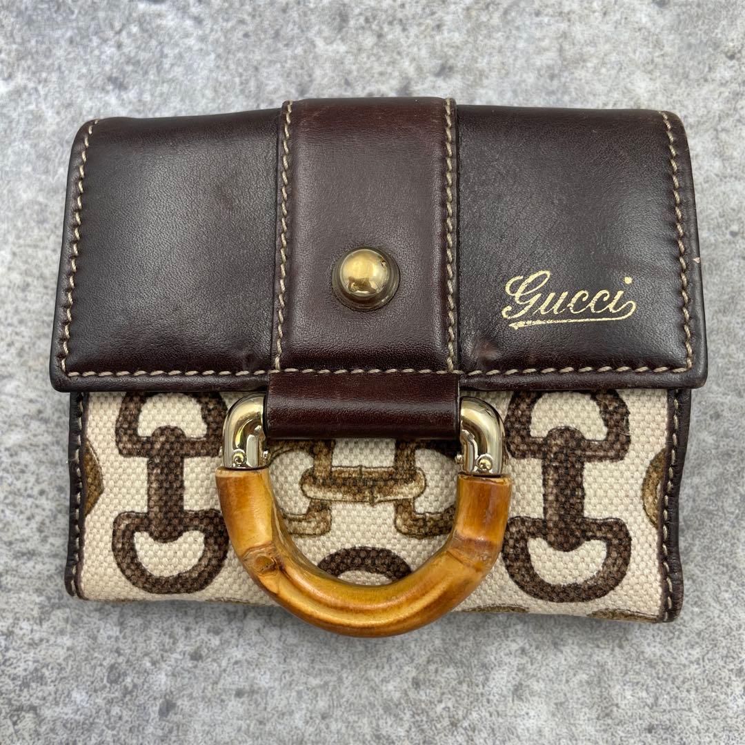 GUCCI グッチ 二つ折り財布 バンブー カーフ キャンバス ゴールド金具