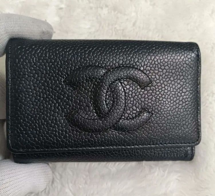 (A)CHANEL キャビアスキン レザー キーケース ブラック 6連