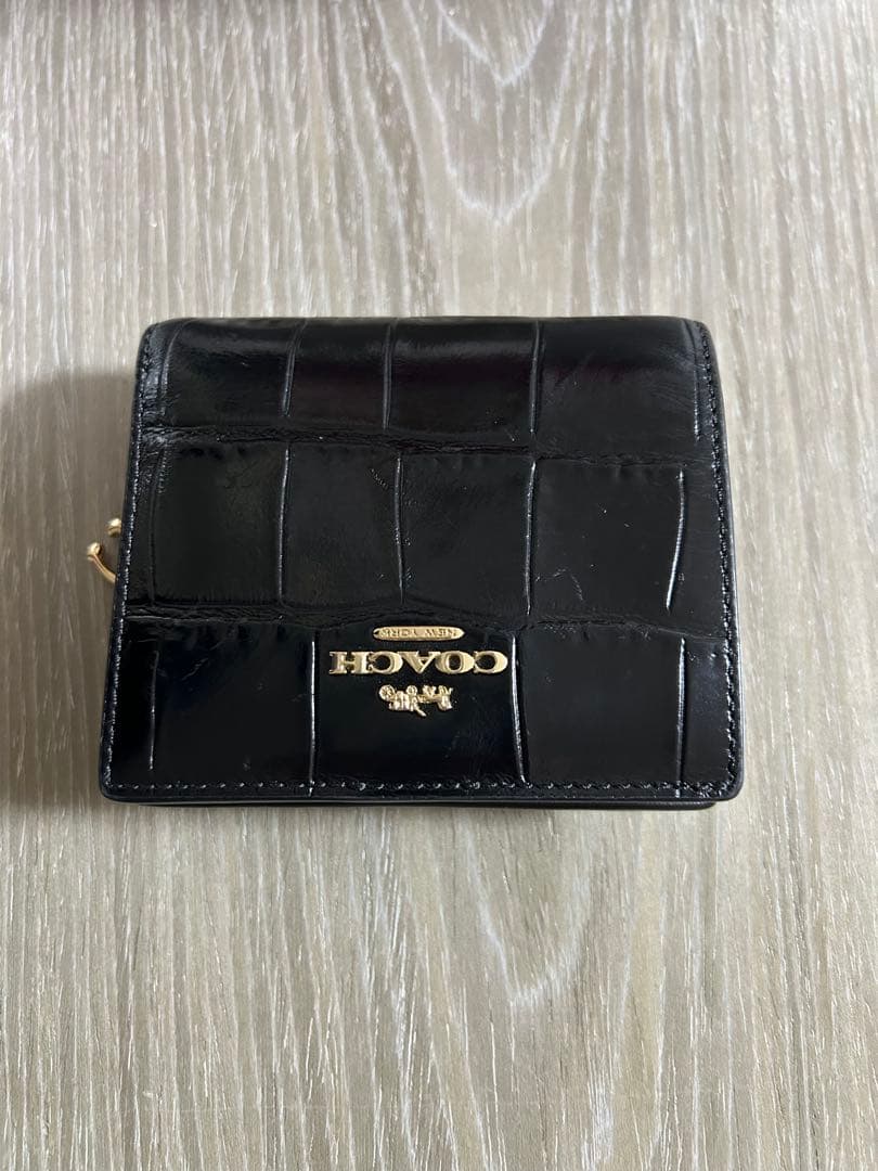 COACH クロコ型押し 二つ折り財布 ブラック