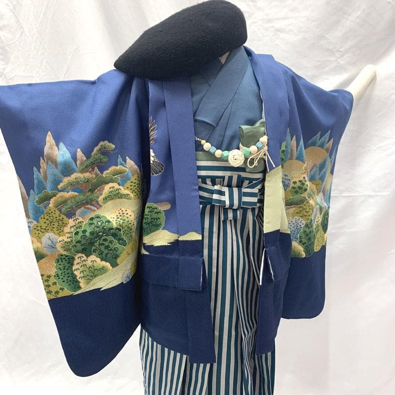 502ab28■七五三 五歳 男児 着物&羽織&袴&角帯&長襦袢 鷹 松■美品