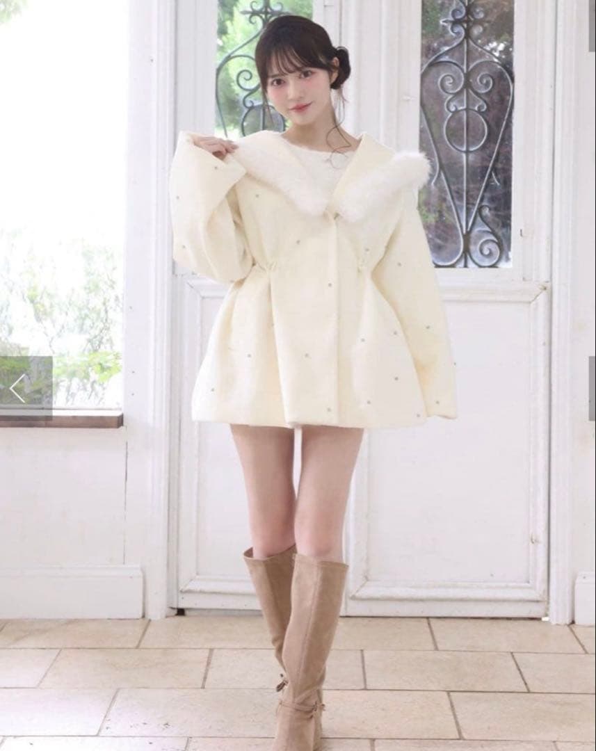 NICE CLAUP フードフェイクファービジューミドルコート