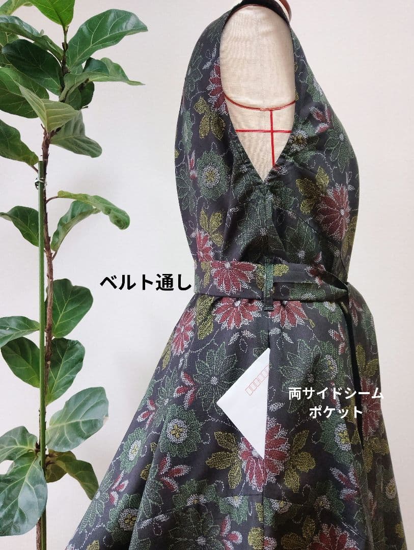 着物リメイク❉大島紬フレアーワンピース花柄❉ストールリボン2本付き正絹❉