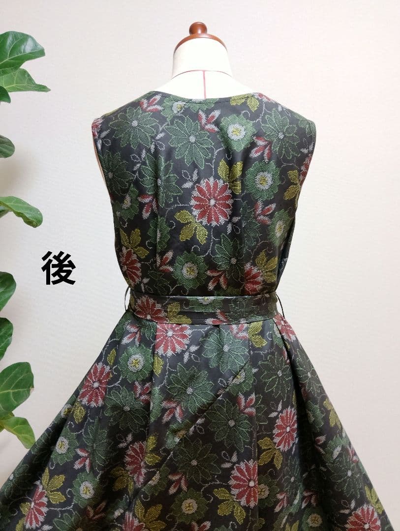 着物リメイク❉大島紬フレアーワンピース花柄❉ストールリボン2本付き正絹❉