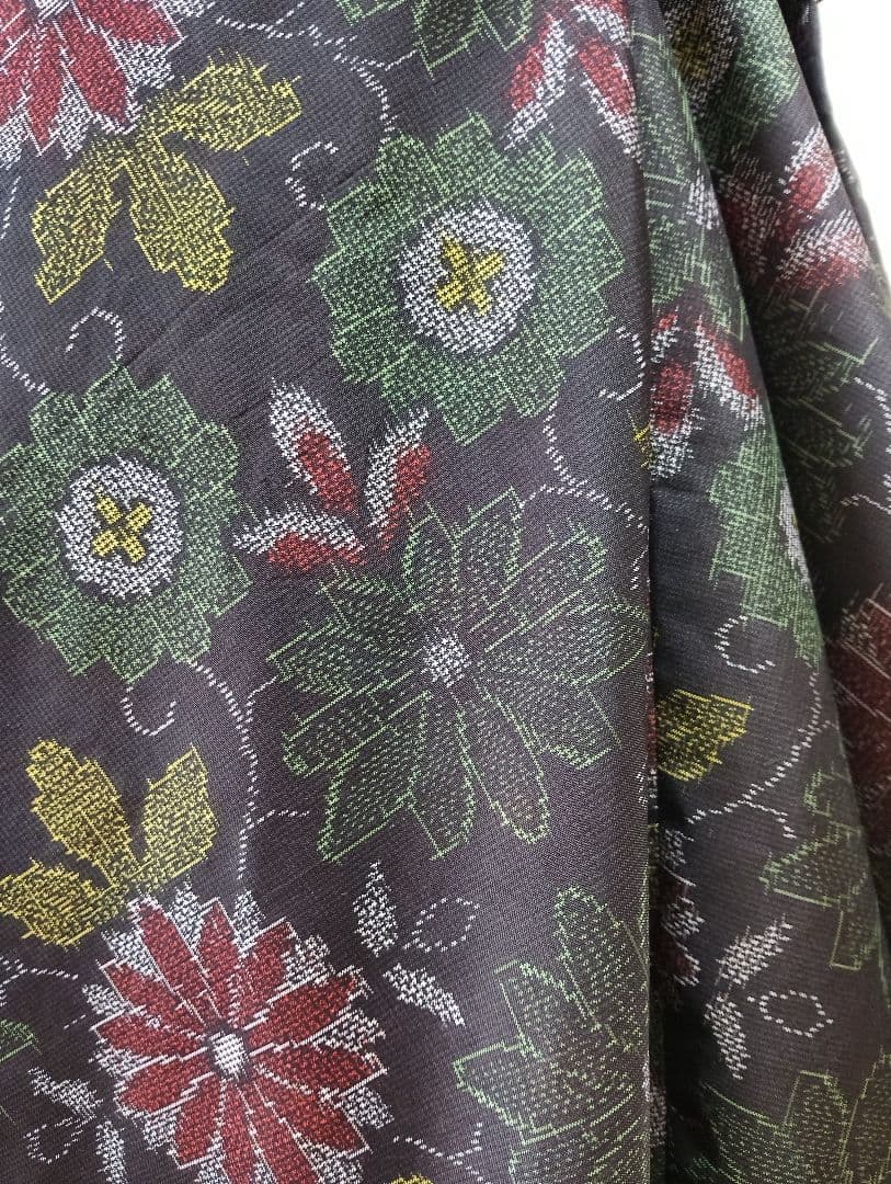 着物リメイク❉大島紬フレアーワンピース花柄❉ストールリボン2本付き正絹❉