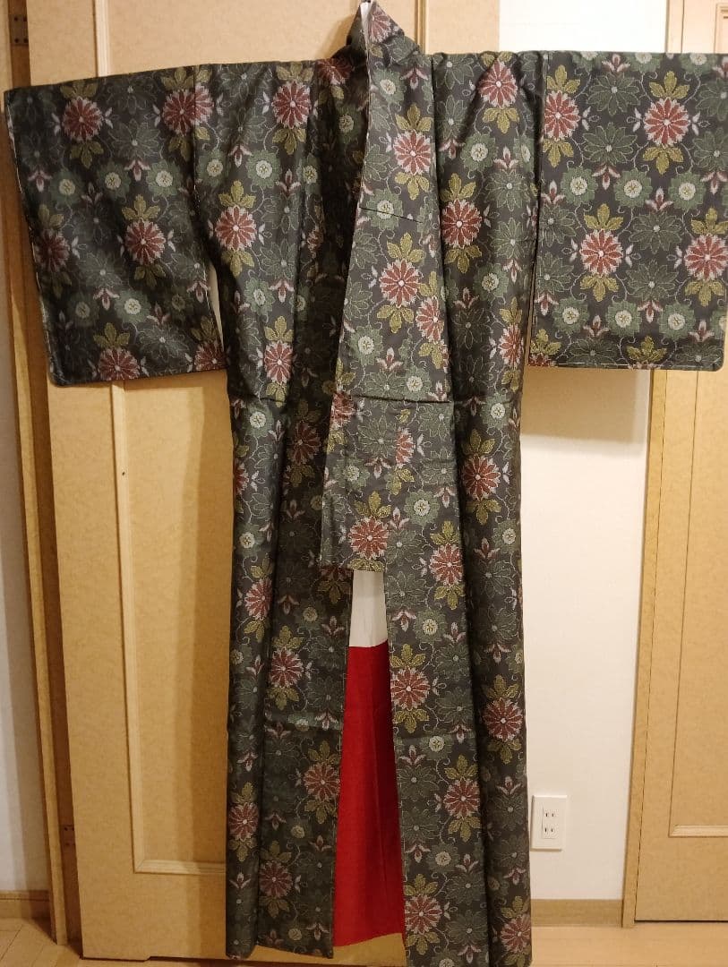 着物リメイク❉大島紬フレアーワンピース花柄❉ストールリボン2本付き正絹❉
