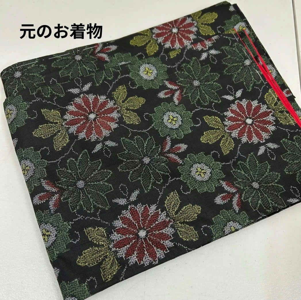 着物リメイク❉大島紬フレアーワンピース花柄❉ストールリボン2本付き正絹❉