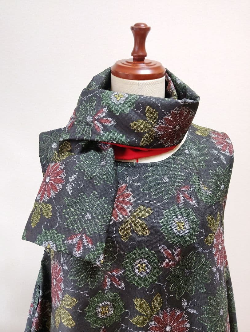着物リメイク❉大島紬フレアーワンピース花柄❉ストールリボン2本付き正絹❉
