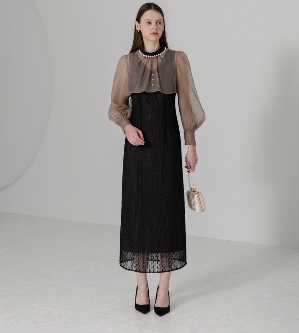 【LEJA】パールネックパフスリーブボレロ格子レースワンピースドレス　Mサイズ