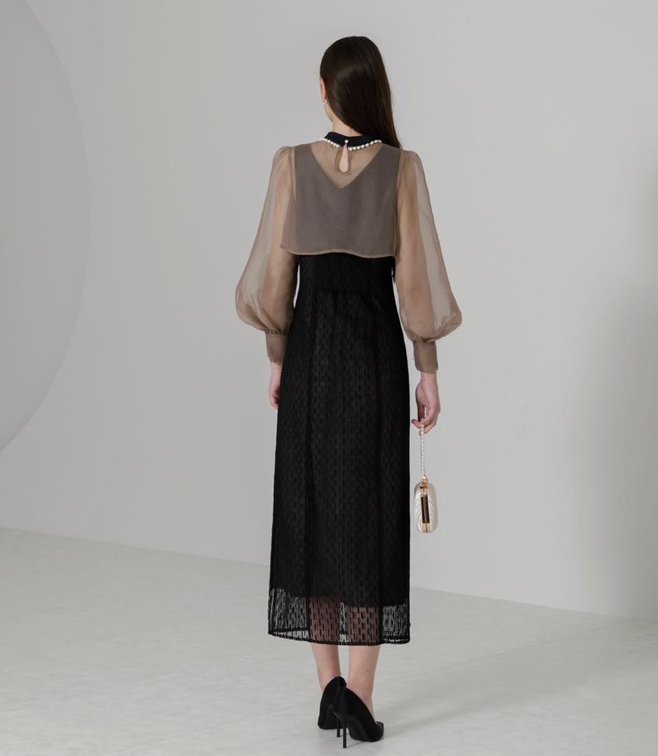 【LEJA】パールネックパフスリーブボレロ格子レースワンピースドレス　Mサイズ