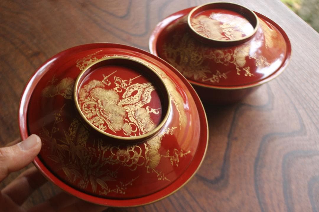 デッドストック！時代金縁朱漆に極上松竹梅沈金の映える大椀2点（検輪島塗雑煮椀