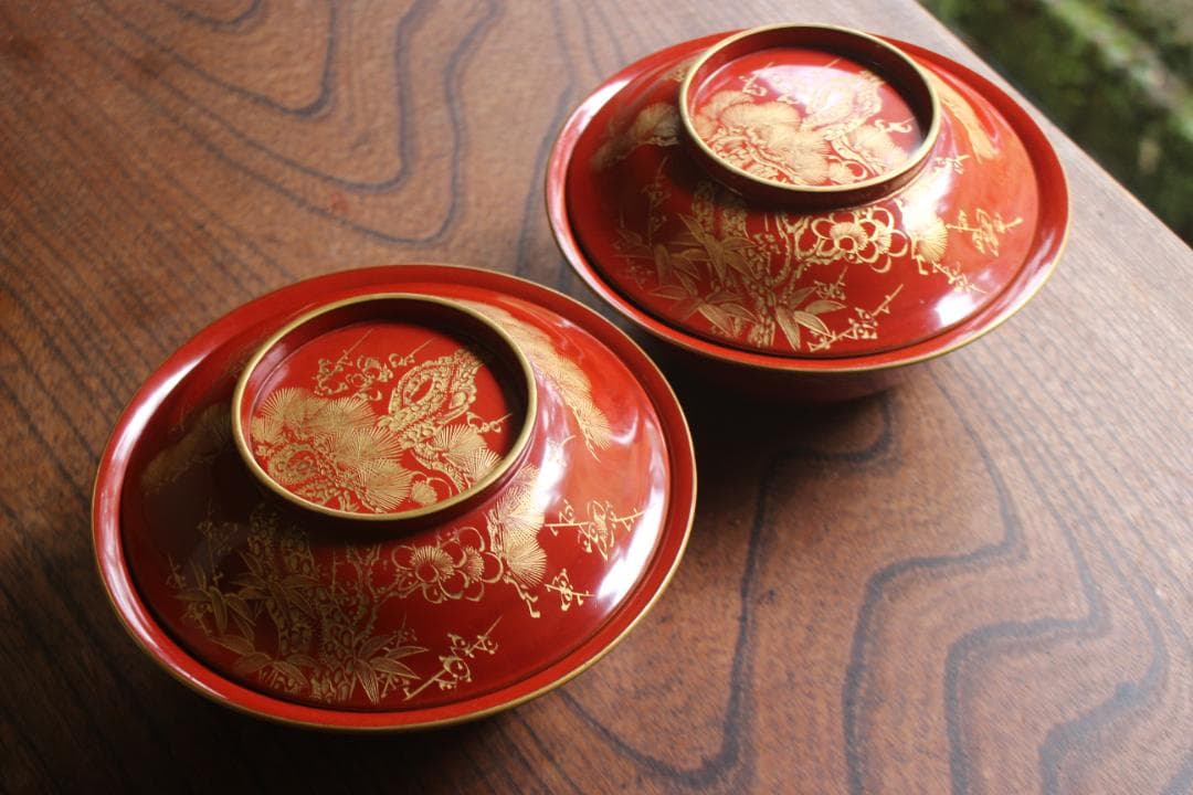 デッドストック！時代金縁朱漆に極上松竹梅沈金の映える大椀2点（検輪島塗雑煮椀