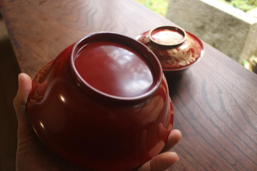 デッドストック！時代金縁朱漆に極上松竹梅沈金の映える大椀2点（検輪島塗雑煮椀