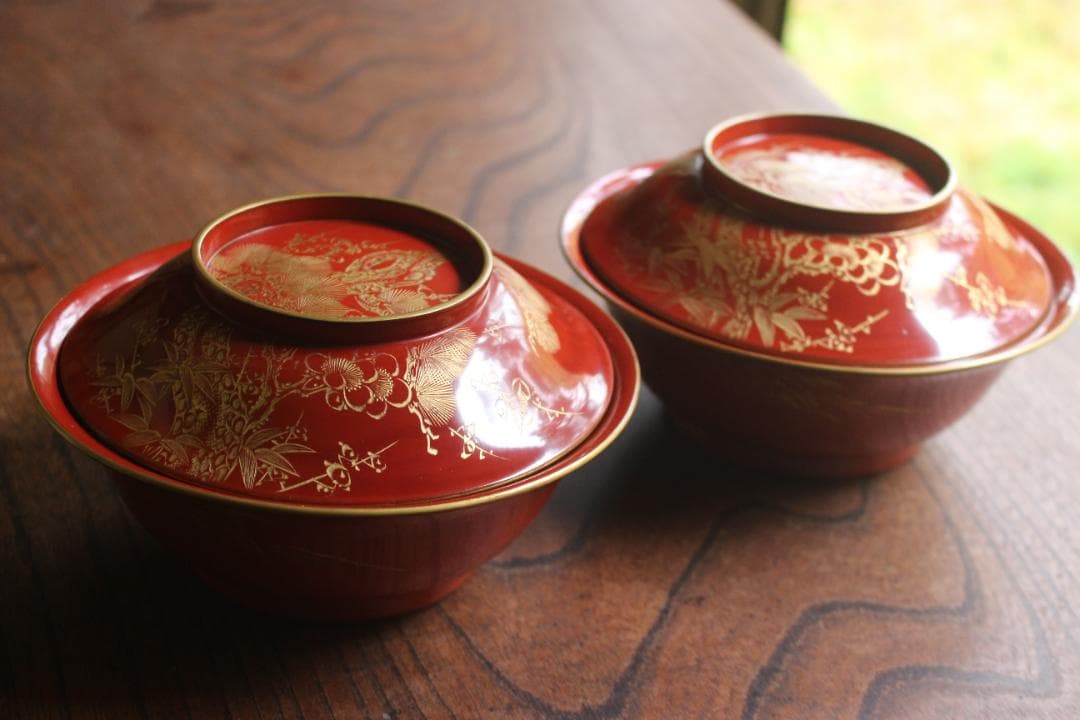 デッドストック！時代金縁朱漆に極上松竹梅沈金の映える大椀2点（検輪島塗雑煮椀