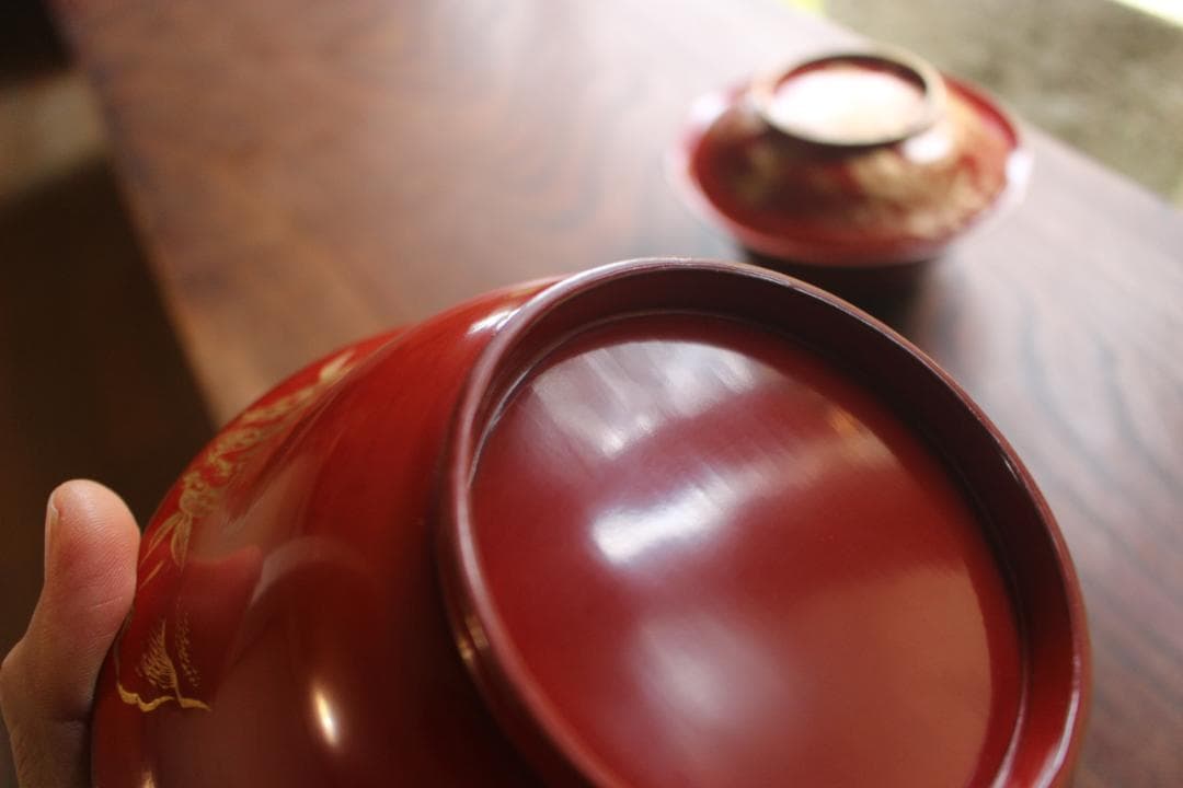 デッドストック！時代金縁朱漆に極上松竹梅沈金の映える大椀2点（検輪島塗雑煮椀