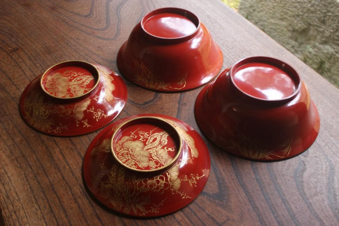 デッドストック！時代金縁朱漆に極上松竹梅沈金の映える大椀2点（検輪島塗雑煮椀