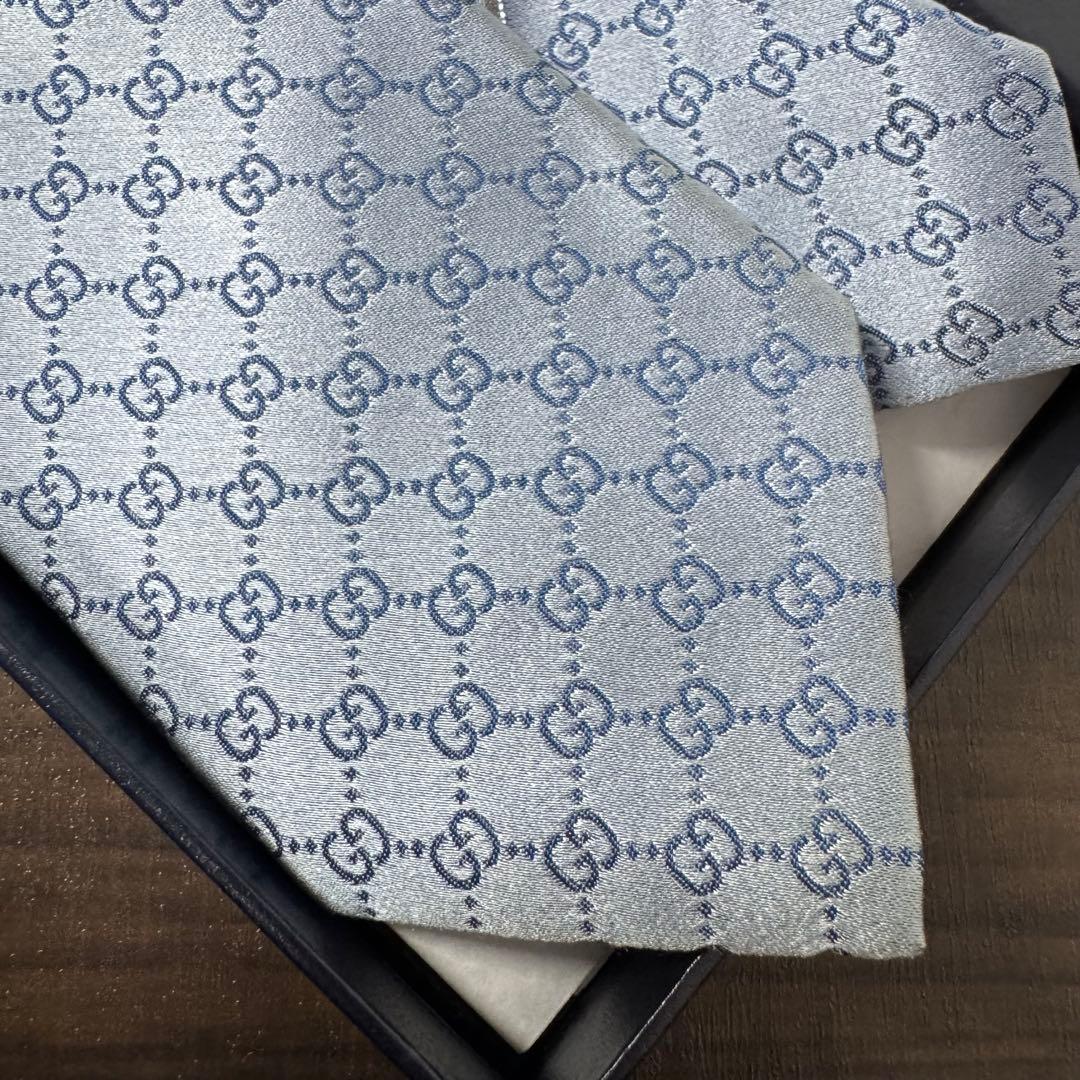 最高級 GUCCI グッチ GG柄 インターロッキング ネクタイ ベルト柄 水色
