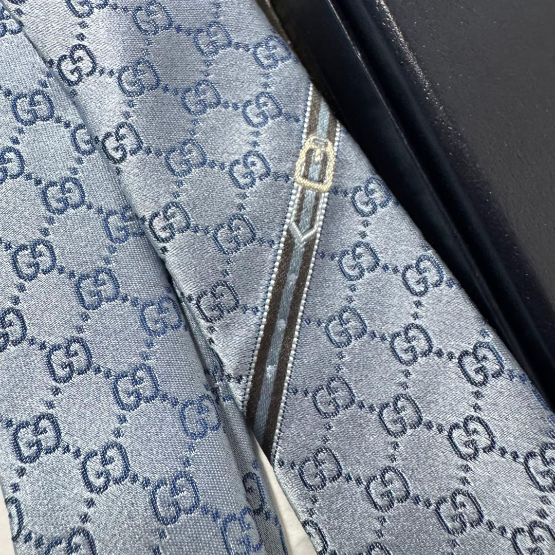 最高級 GUCCI グッチ GG柄 インターロッキング ネクタイ ベルト柄 水色
