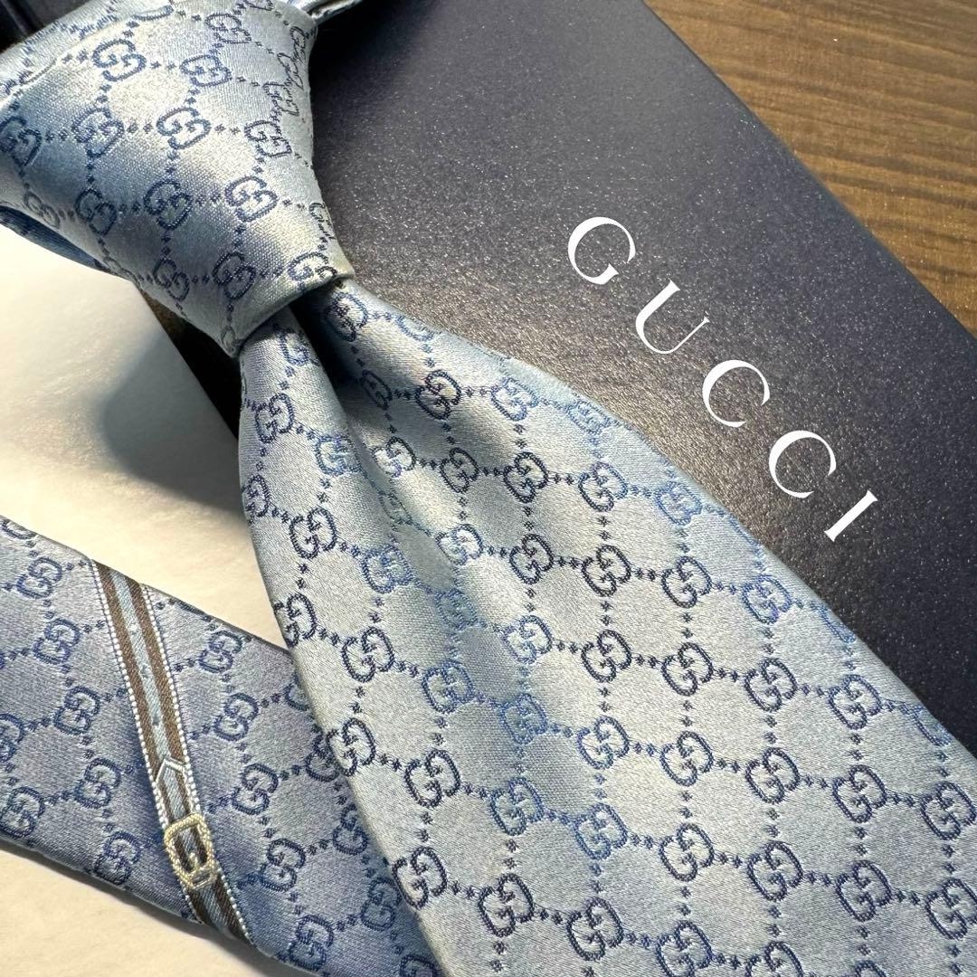 最高級 GUCCI グッチ GG柄 インターロッキング ネクタイ ベルト柄 水色