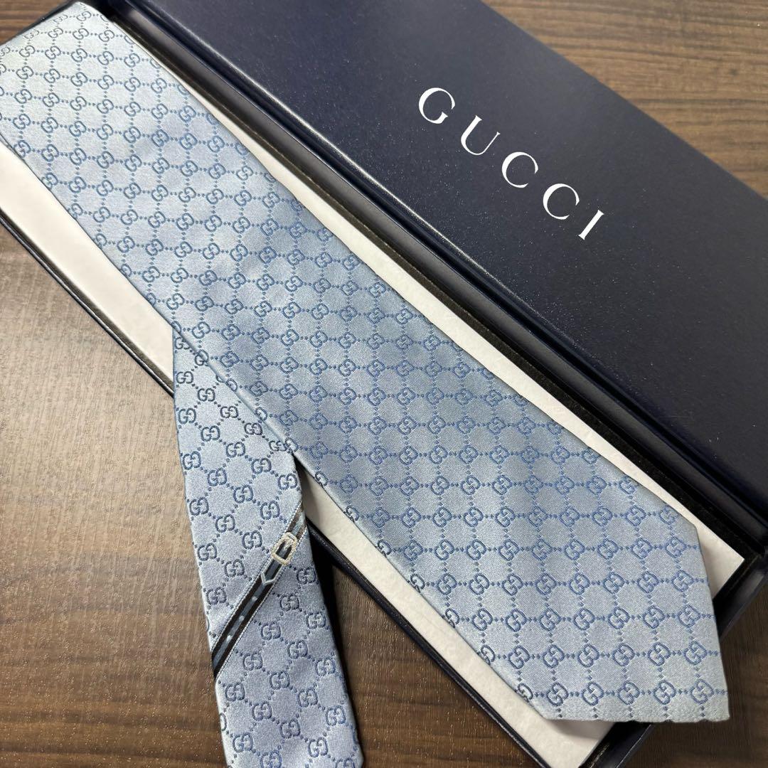 最高級 GUCCI グッチ GG柄 インターロッキング ネクタイ ベルト柄 水色