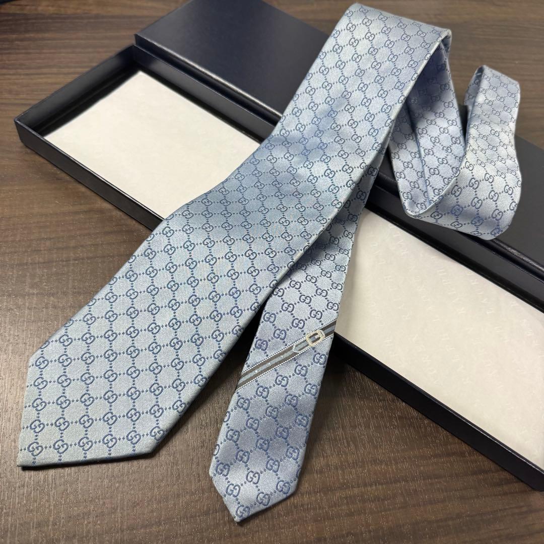 最高級 GUCCI グッチ GG柄 インターロッキング ネクタイ ベルト柄 水色