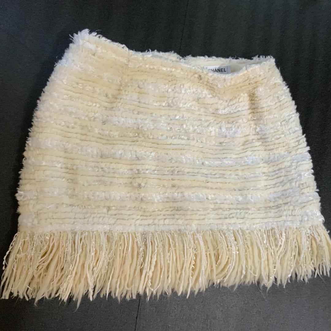 CHANEL ツイード フリンジ付き ミルキーミニスカート