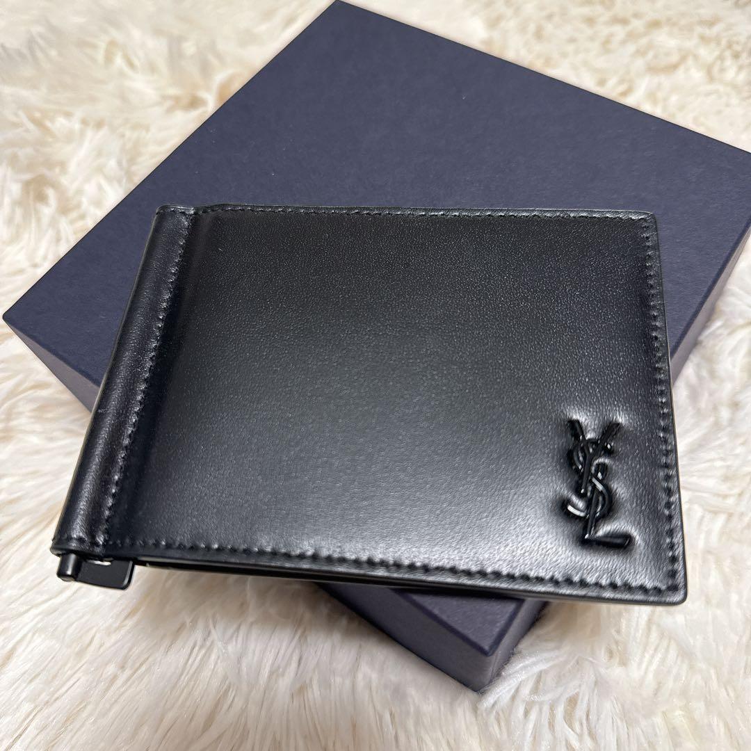 【新品未使用】YSL ブラックレザー マネークリップ