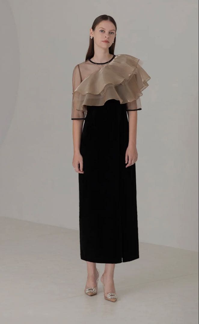 Leja アシンメトリーティアードフリル3WAYベロアIラインドレスワンピース